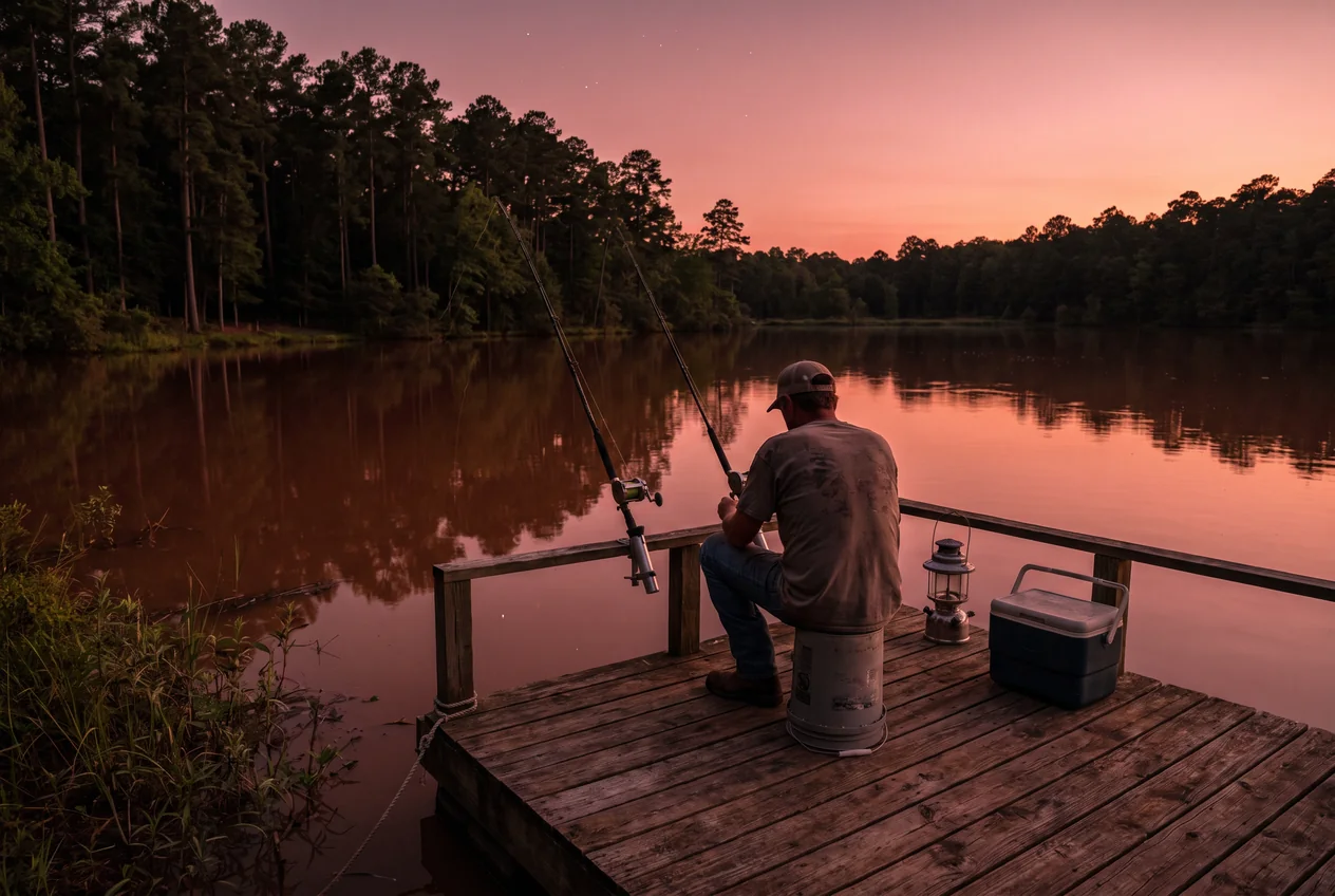 An angler on a wooden fishing barge on Lake Tyler at dusk, two rods in holders, pine-lined shore and a still lake behind