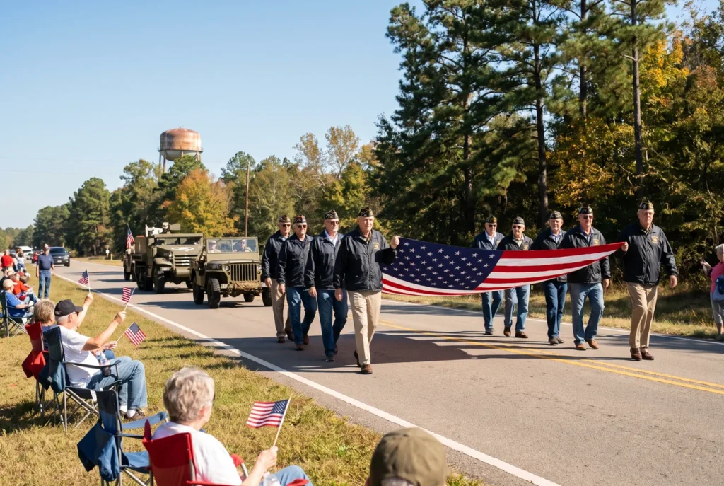 Veterans in unit ball caps and historic military vehicles in a parade on an East Texas highway on a clear October morning, spectators with small American flags at the roadside