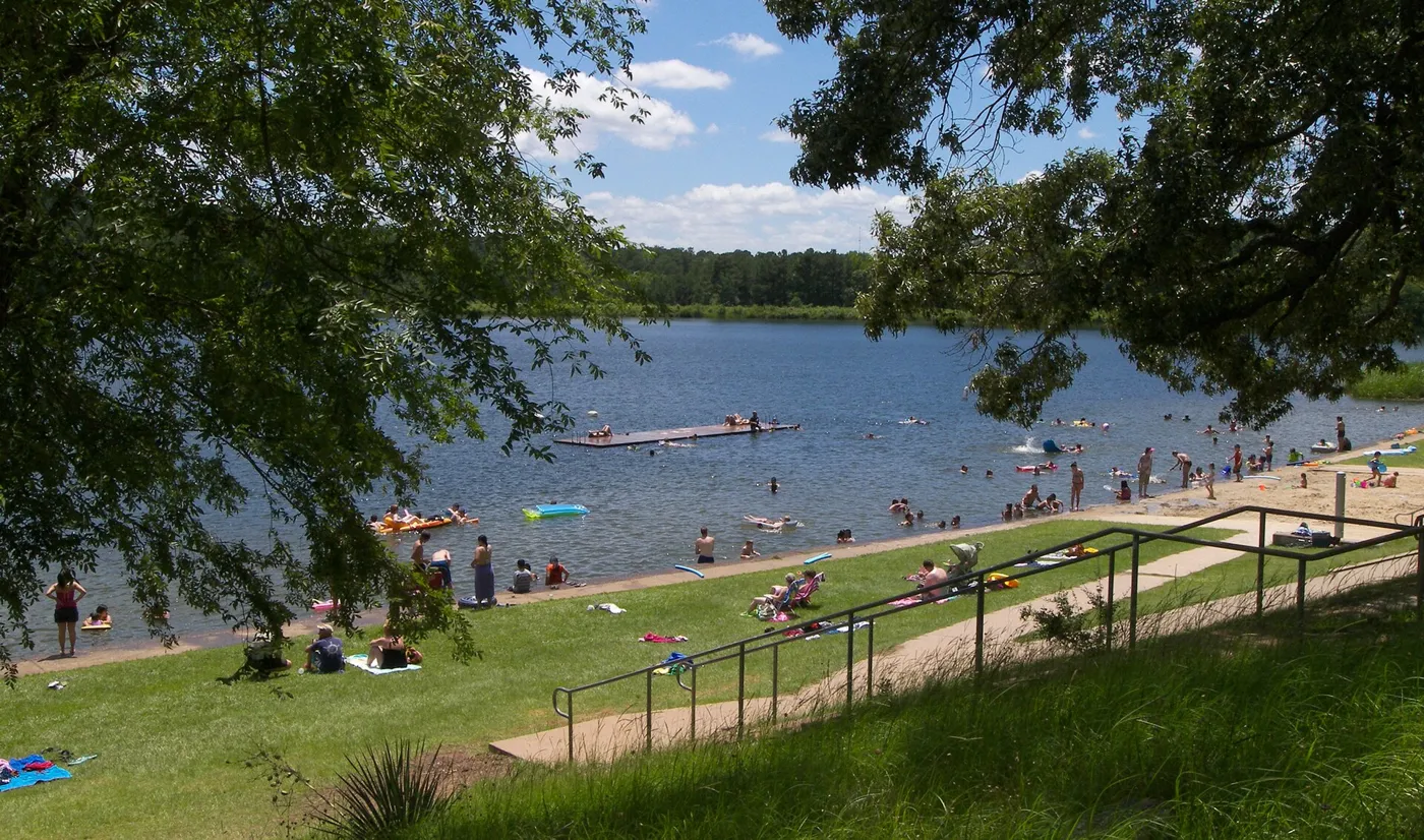 Swimmers and sunbathers on a grassy lakeshore and swim area under shade trees, with the lake and pine forest beyond
